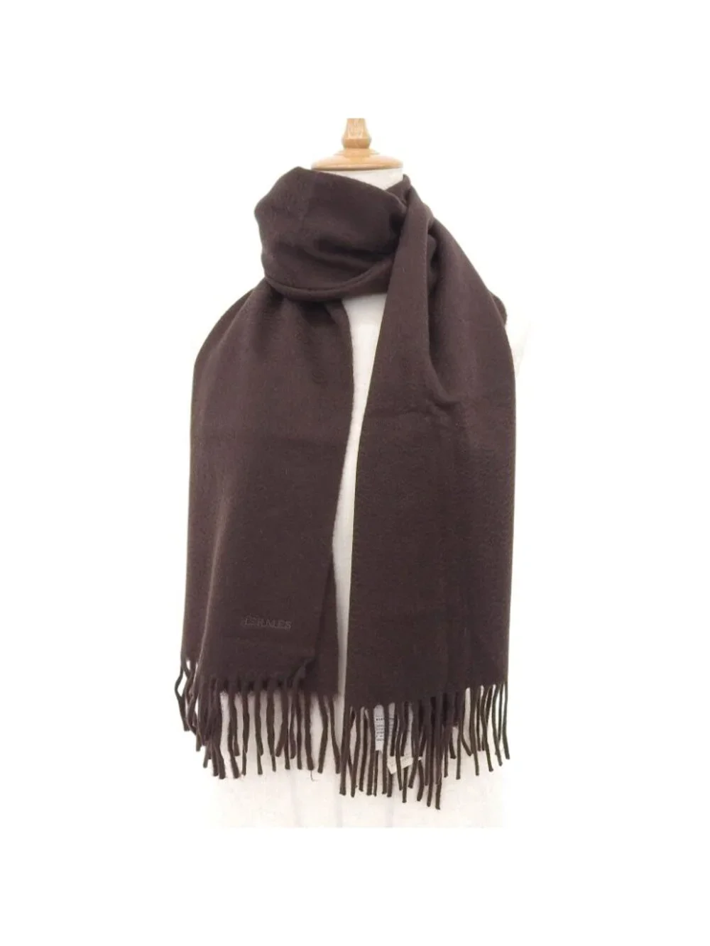 Hermes Rectoverso Cashmere Logo Embroidery Scarf with Fringe Brown - Picture 4 of 9